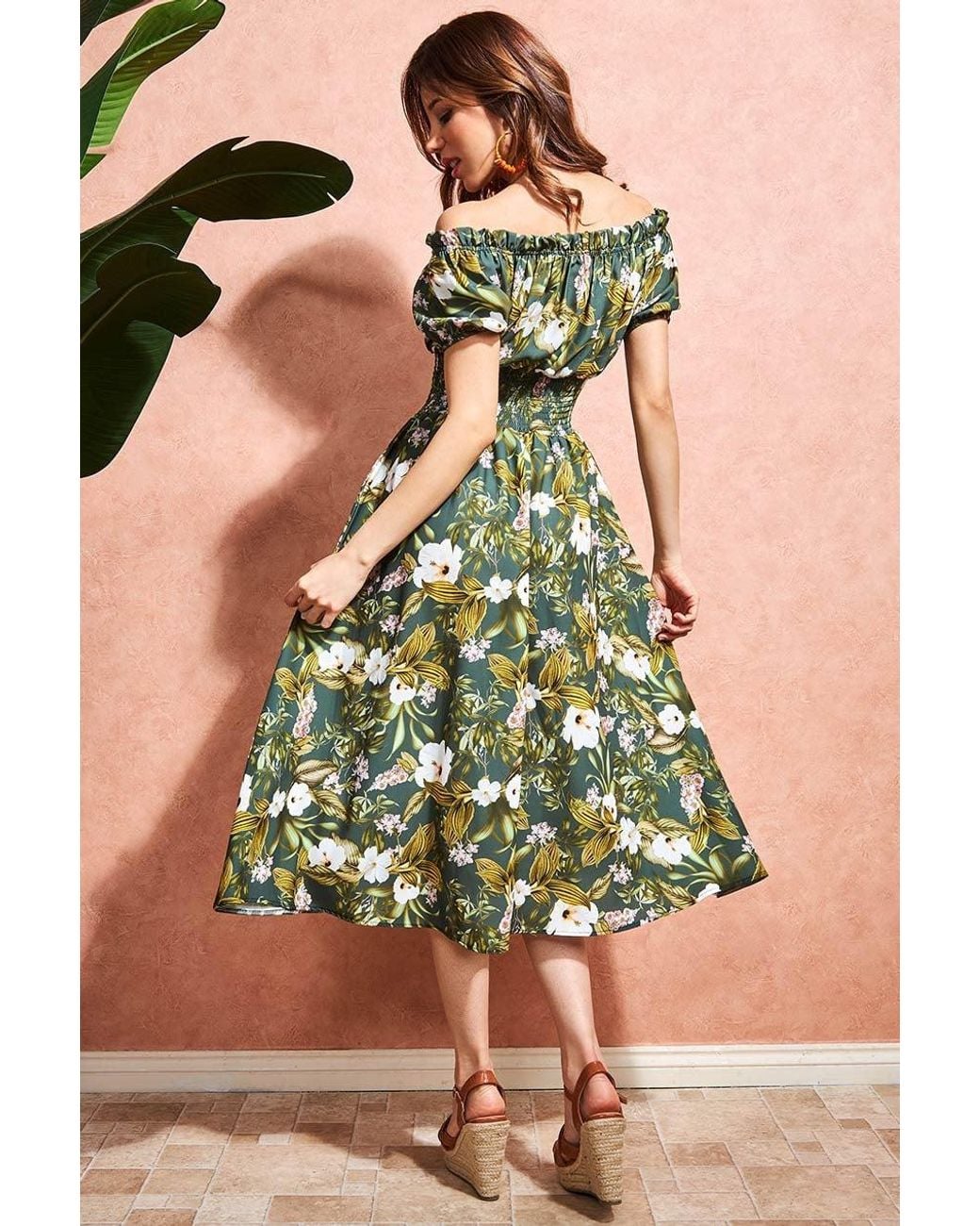 Goddiva Green Off The Shoulder Floral Midi Dress