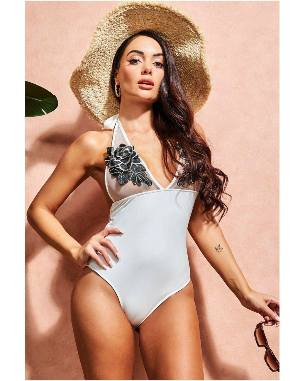 Goddiva Brown Halter Neck Floral Embroidered Swimsuit