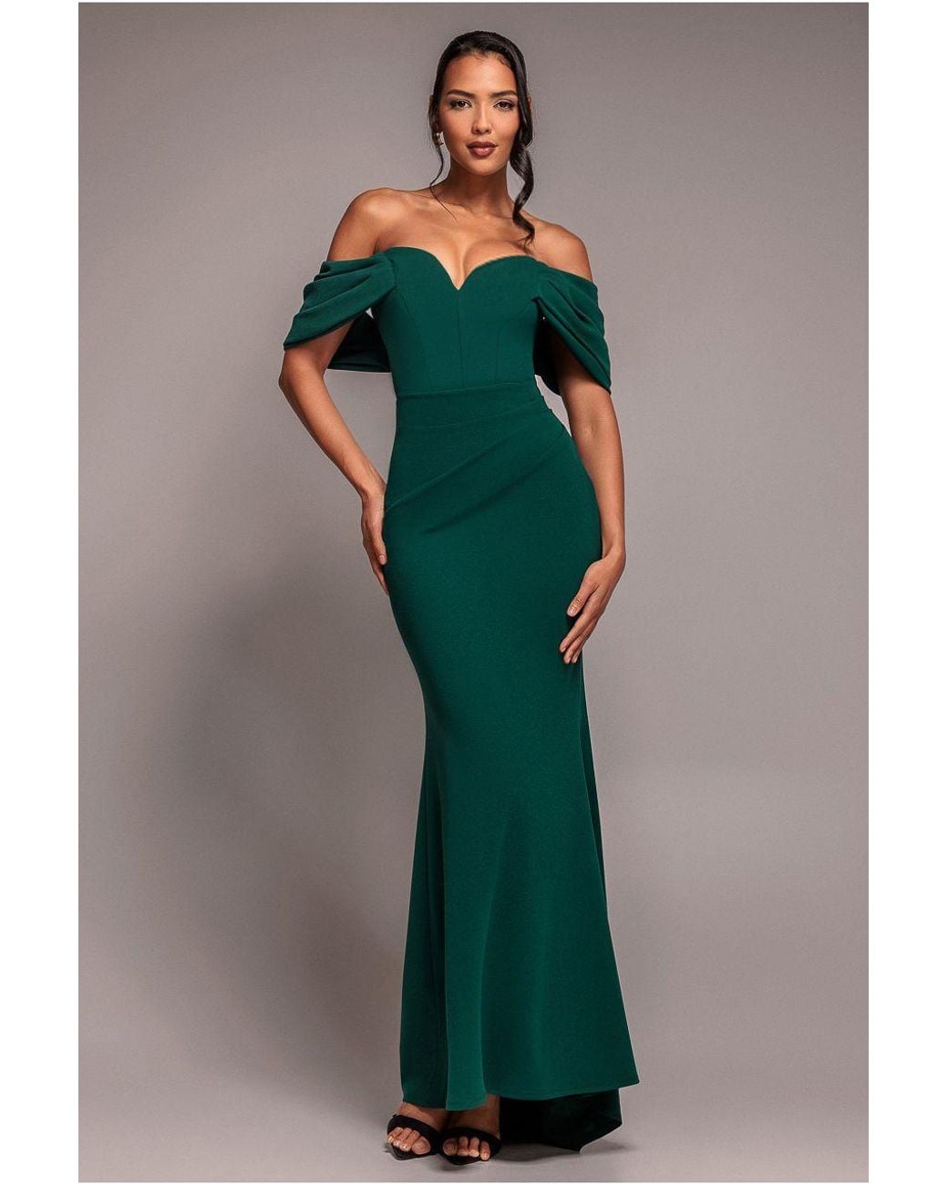 Goddiva Green Off The Shoulder Draped Sleeve Maxi Dress
