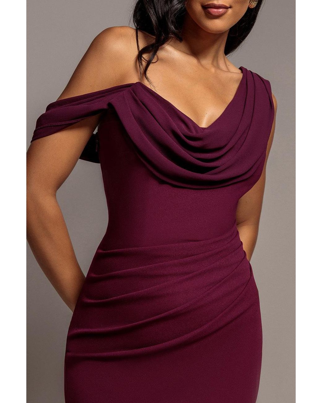 Goddiva Red Cowl Neck One Shoulder Scuba & Chiffon Maxi Dress