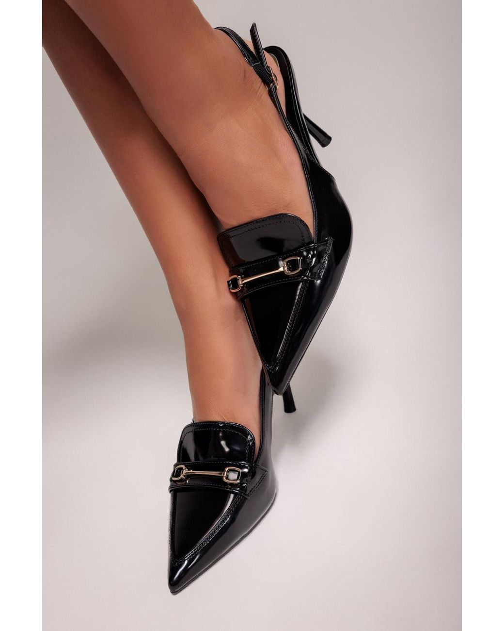 Goddiva Black Metal Accent Pointed Patent Slingback Shoes