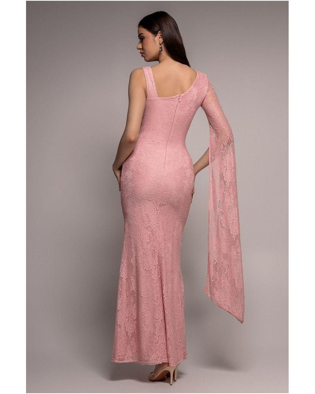 Goddiva Pink One Shoulder Cape Sleeve Pleated Lace Maxi Dress
