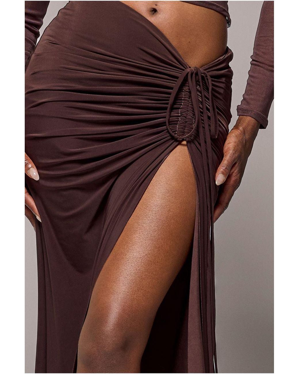 Goddiva Brown Super Split Front Drawstring Maxi Skirt