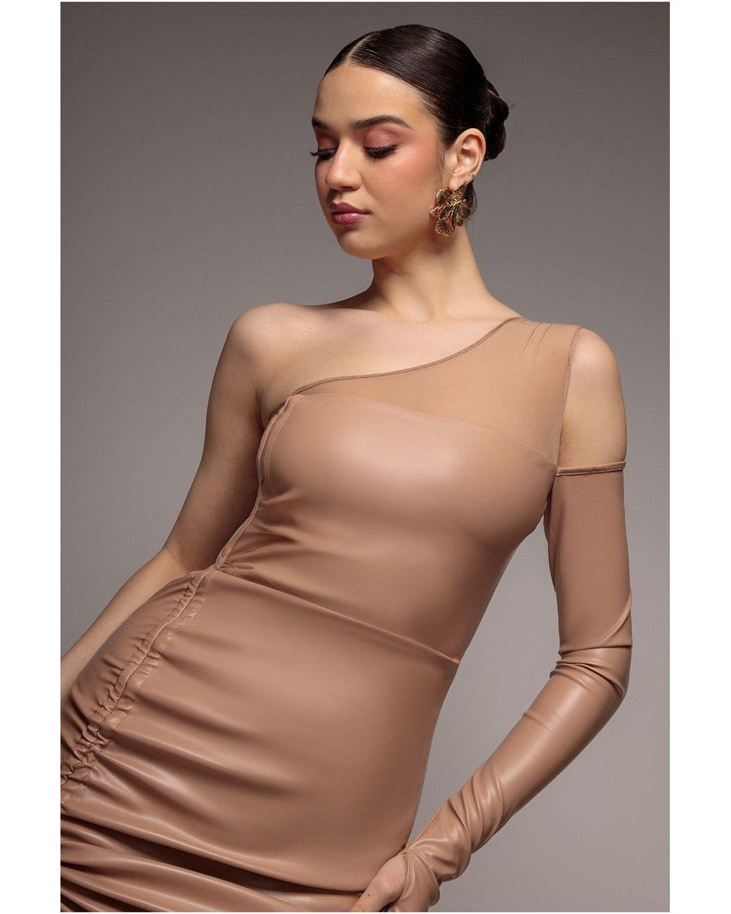 Goddiva Gray One Shoulder Faux Leather Mini Dress
