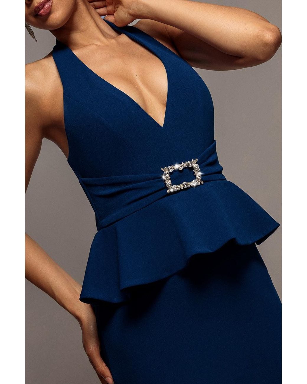 Goddiva Blue Peplum Halter Neck Maxi Dress With Diamante Buckle