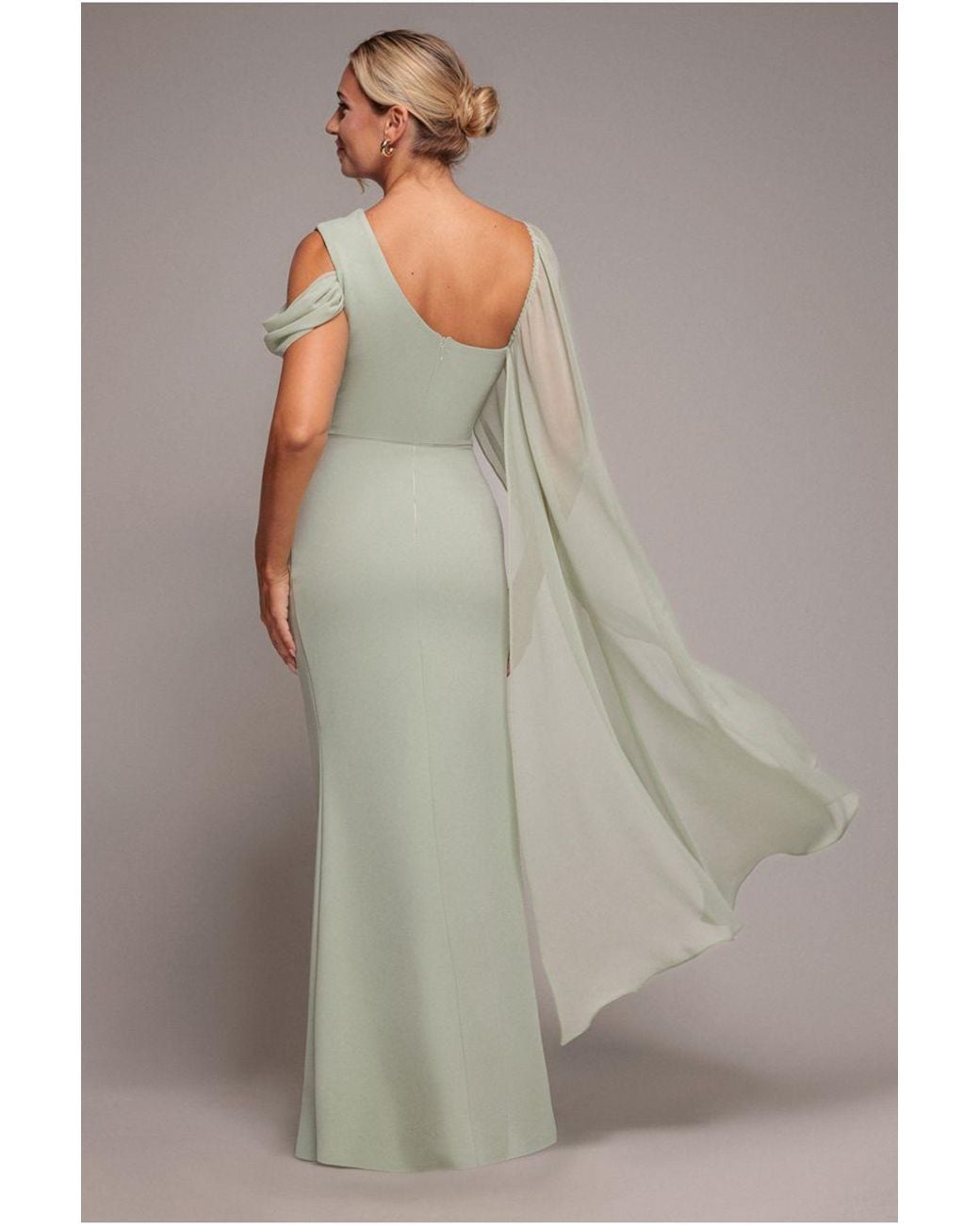 Goddiva Gray One Shoulder Chiffon Cape Crepe Maxi Dress