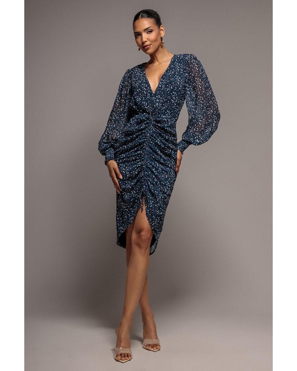 Goddiva Blue Printed Long Sleeve Drawstring Midi Dress