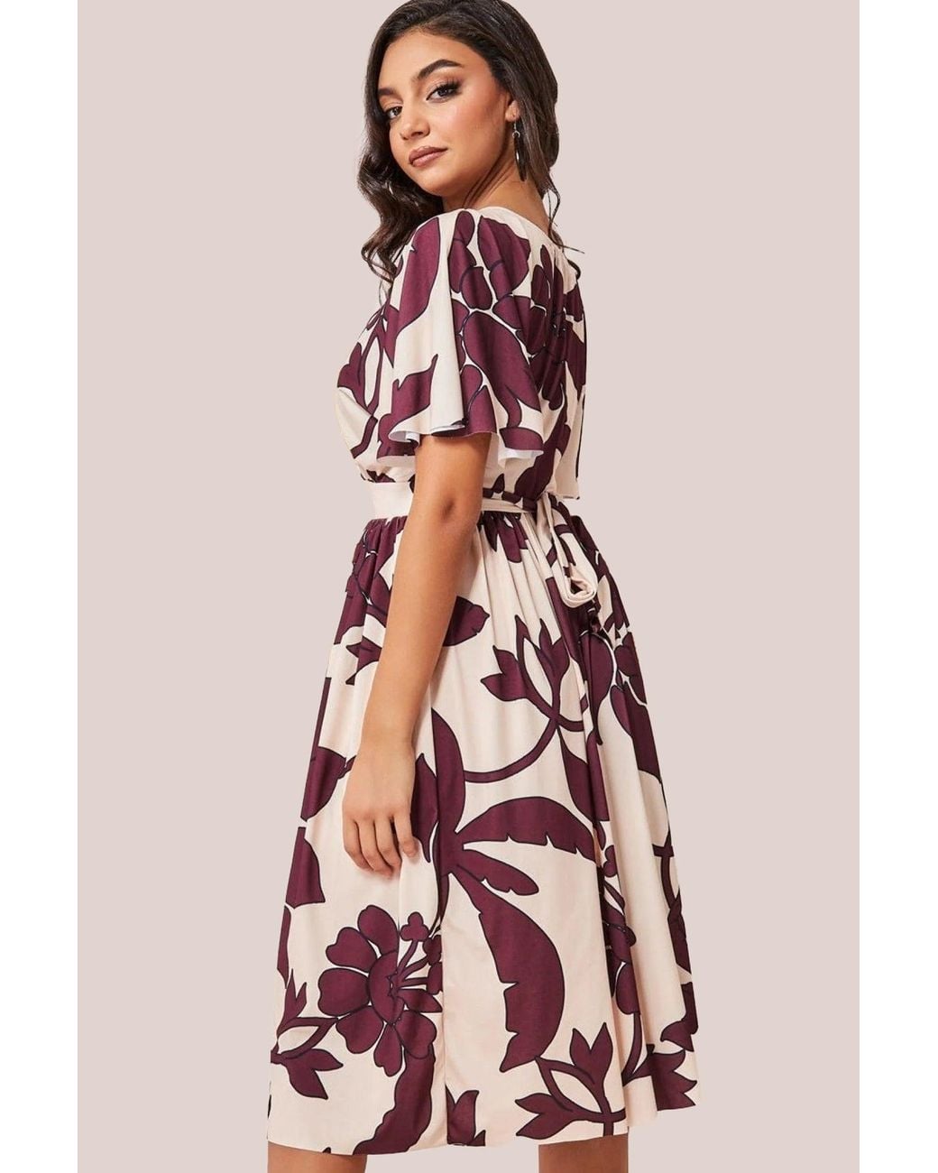 Goddiva Pink Leaf Print Flutter Sleeve Midi