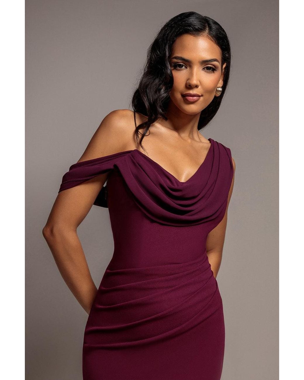 Goddiva Red Cowl Neck One Shoulder Scuba & Chiffon Maxi Dress