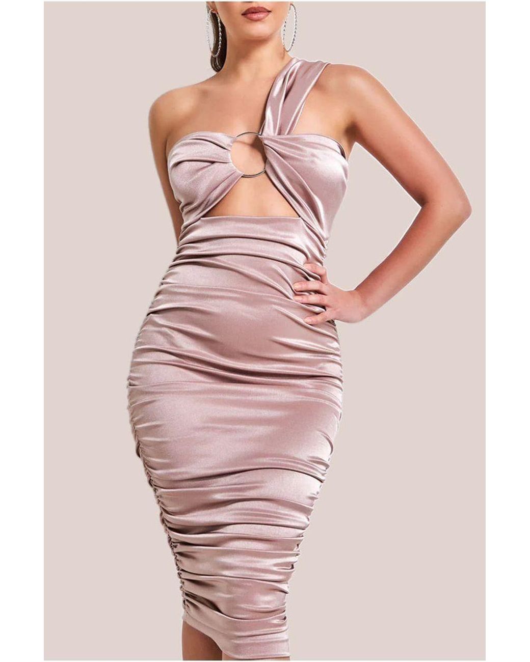 Goddiva Multicolor Ring Detail One Shoulder Ruched Midi