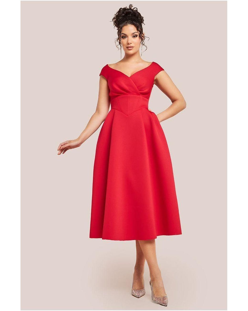 Goddiva Red Corset Fit & Flare Midi Dress