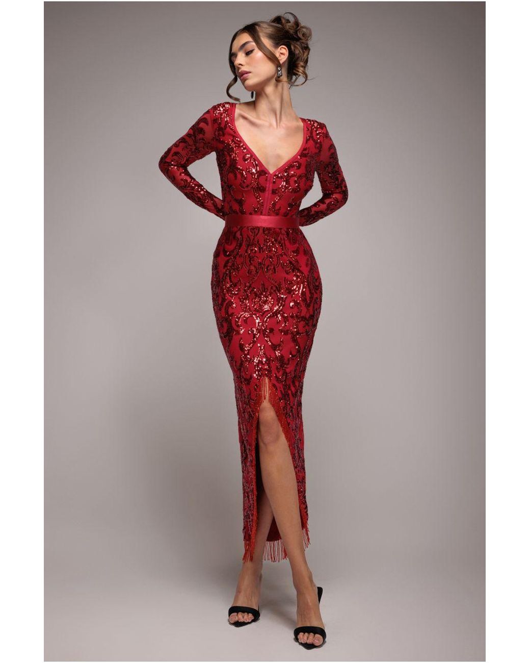 Goddiva Red Sequin Tassel Maxi Dress With Thigh Slit