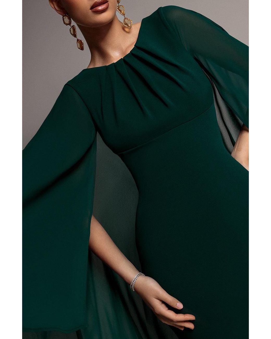 Goddiva Green Cape Sleeve Chiffon And Scuba Crepe Maxi Dress