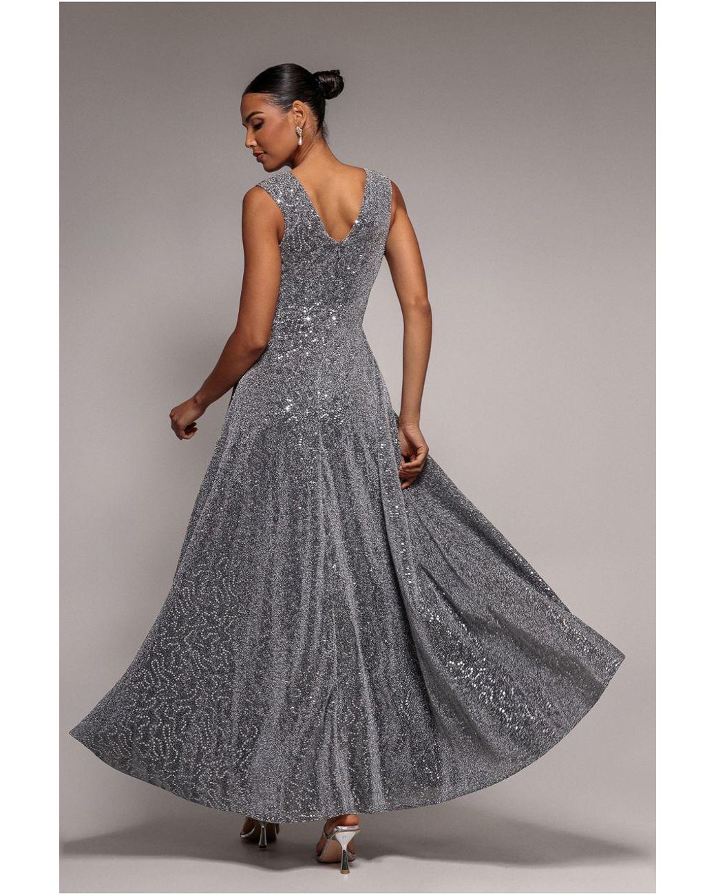 Goddiva Gray Wrap Glitter Lurex Sleeveless Maxi Dress