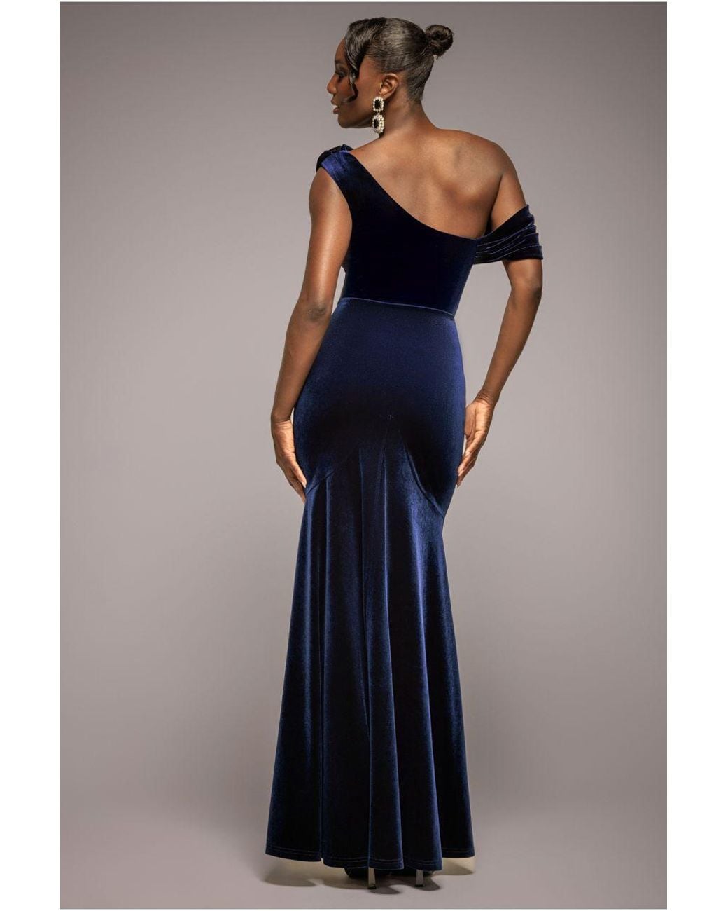 Goddiva Blue Cowl One Shoulder Velvet Maxi Dress