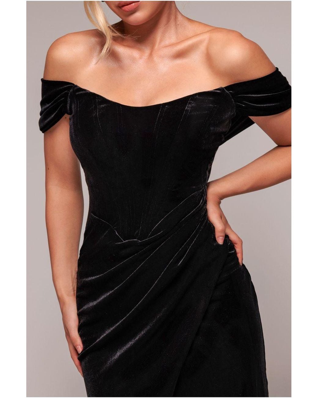 Goddiva Black Draped Shoulder Velvet Corset Midi