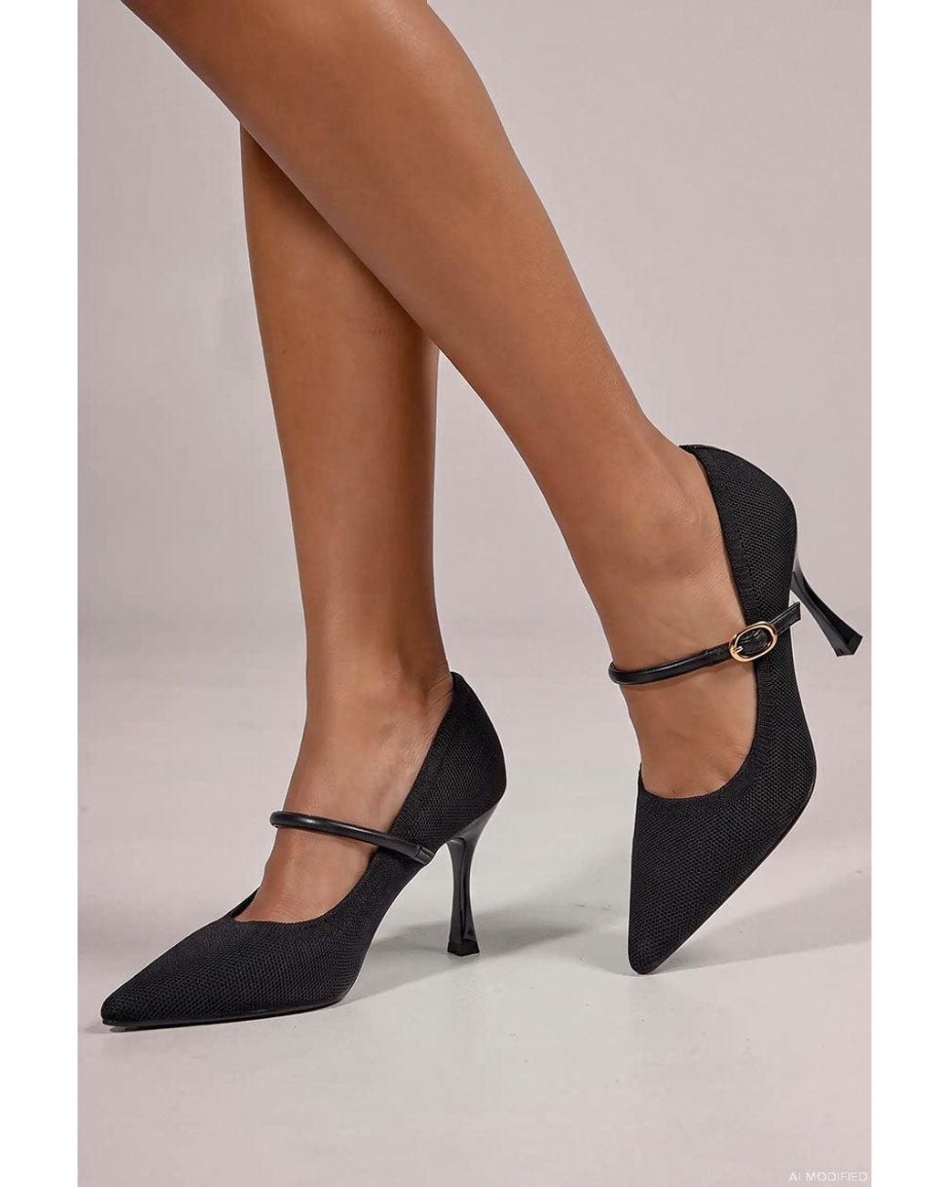 Goddiva Black Pointed Toe Mary Jane High Court Heels