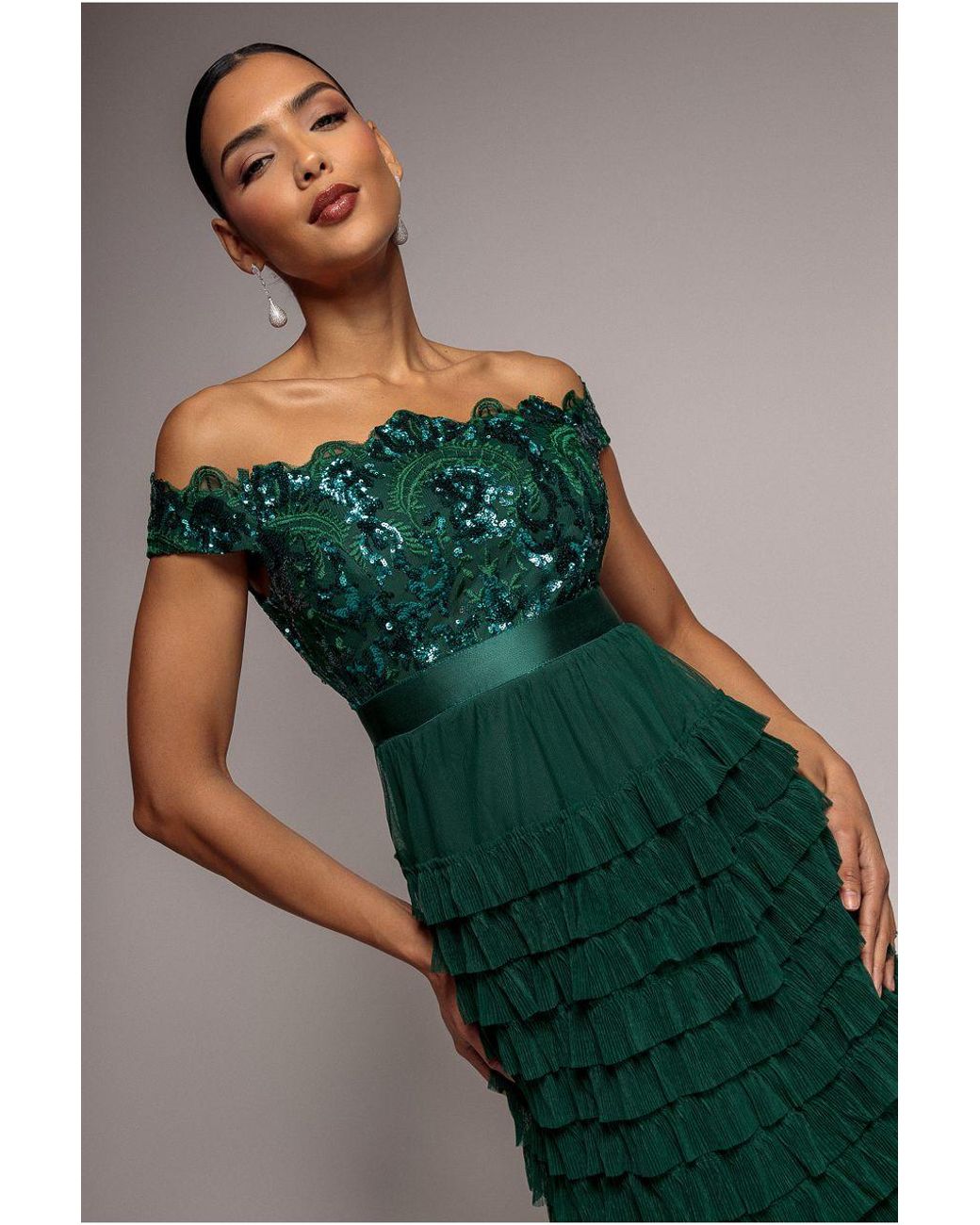 Goddiva Green Scallop Bardot Ruffle Mesh Maxi