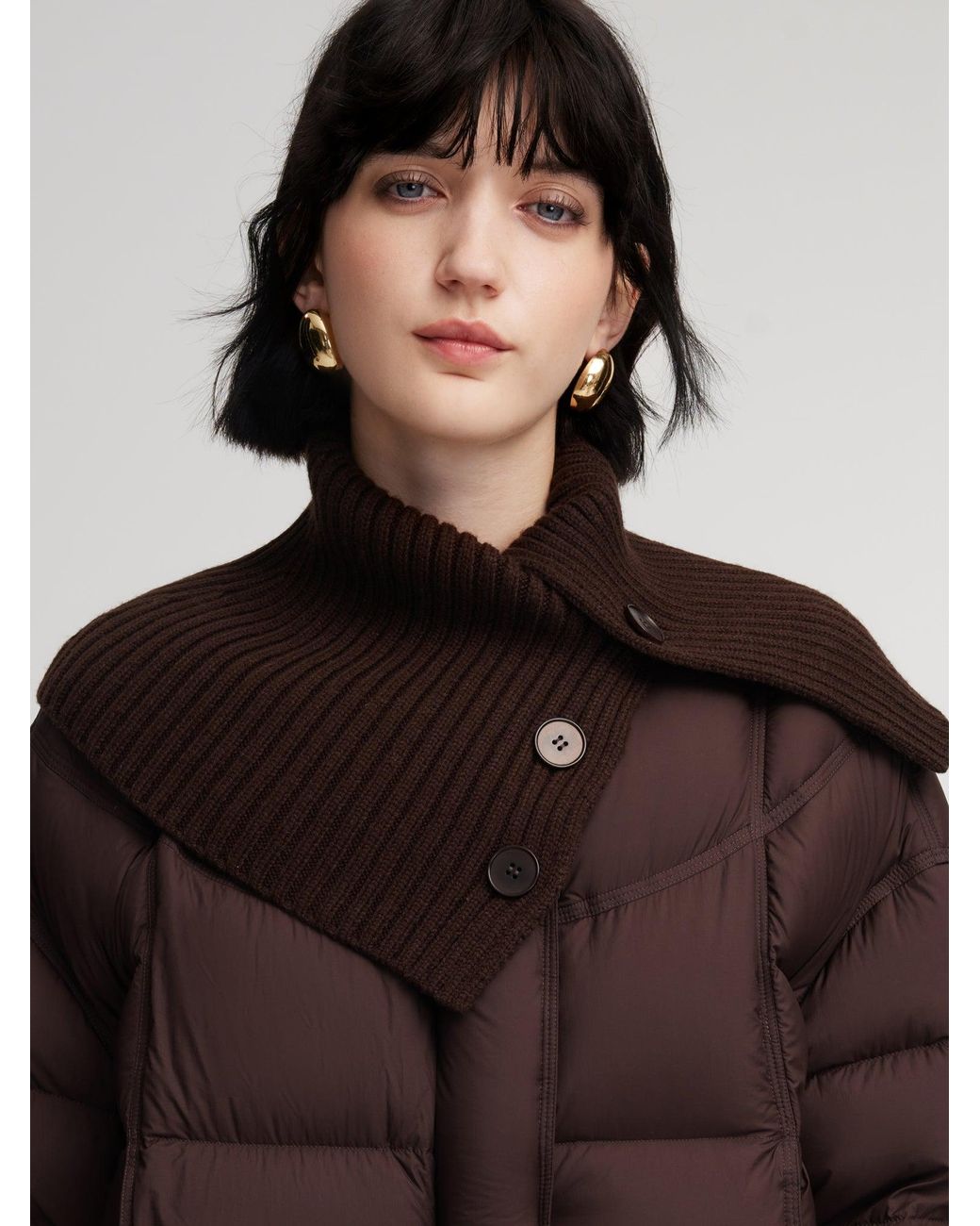 GOELIA Brown Cocoon Knitted Convertible Collar Goose Down Jacket