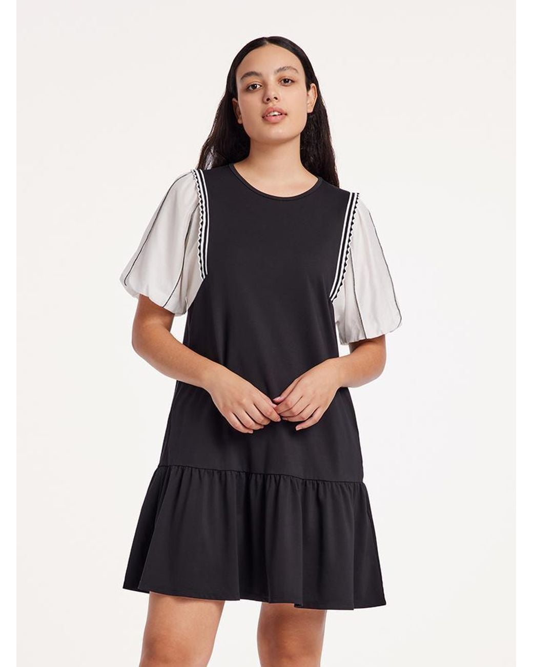 GOELIA Blue A-Shape Patchwork Puff Sleeve Mini Dress