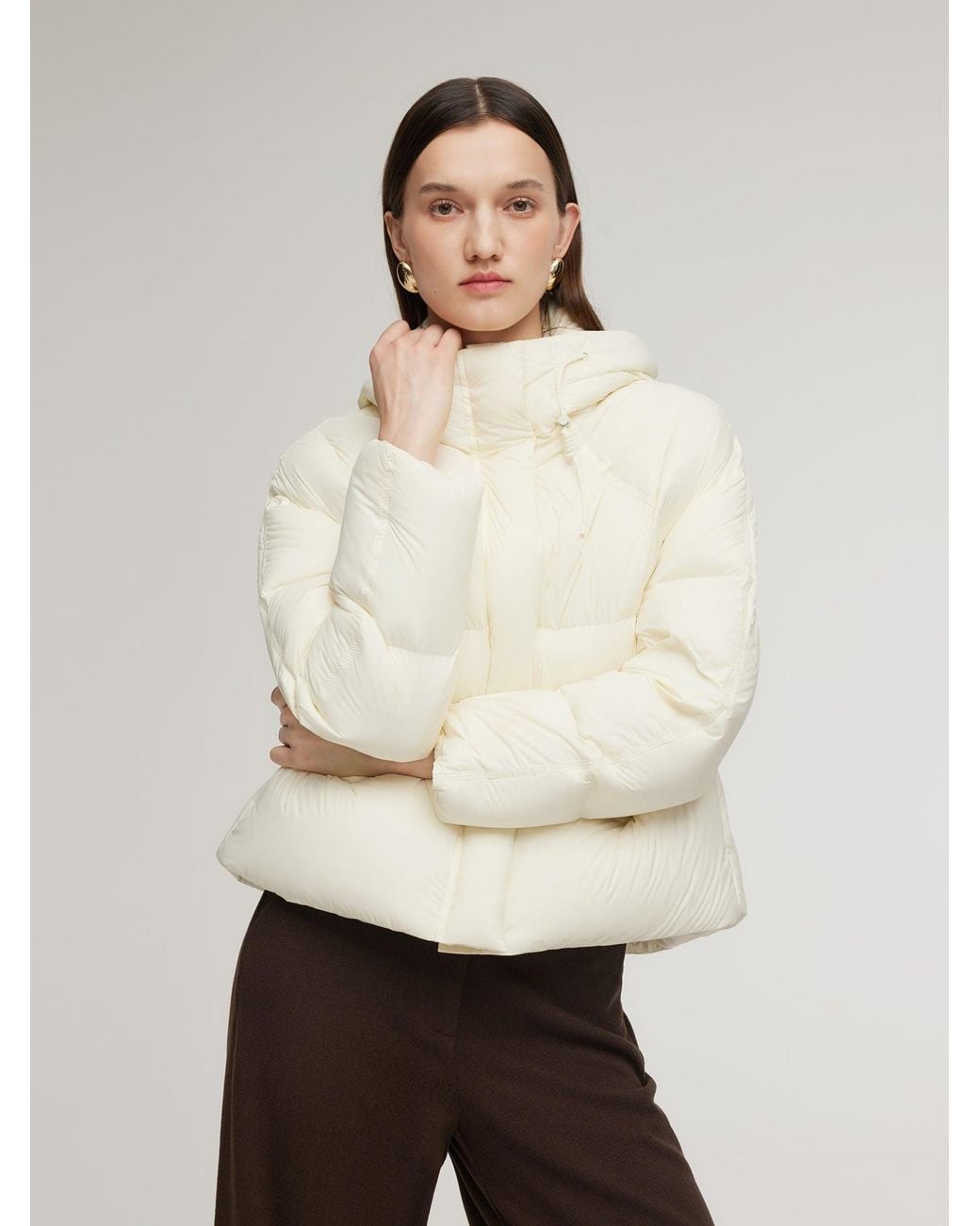 GOELIA White Lightweight Drawstring Hem Hooded Goose Down Jacket