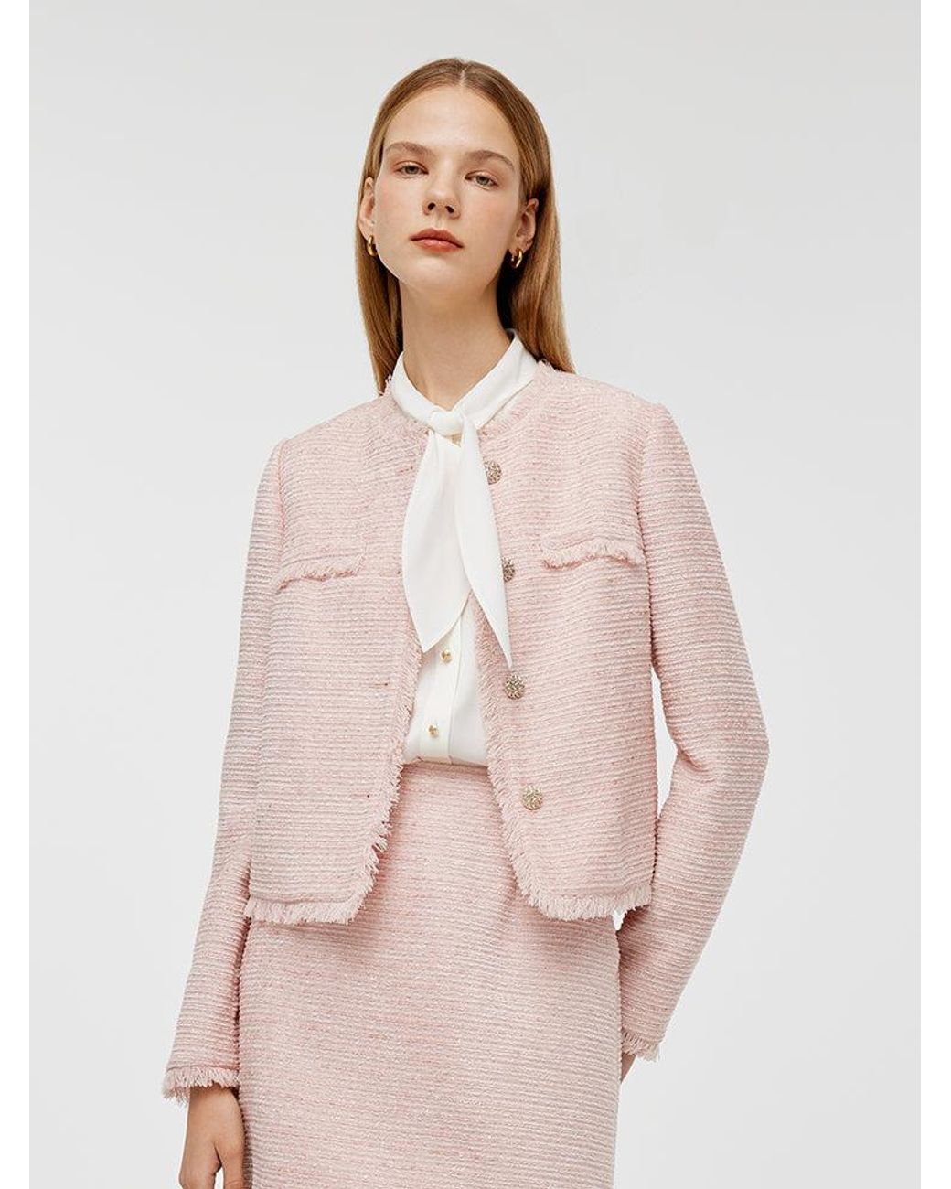 GOELIA White Tweed Collarless Crop Jacket