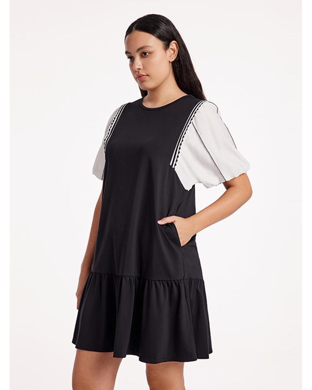 GOELIA Blue A-Shape Patchwork Puff Sleeve Mini Dress