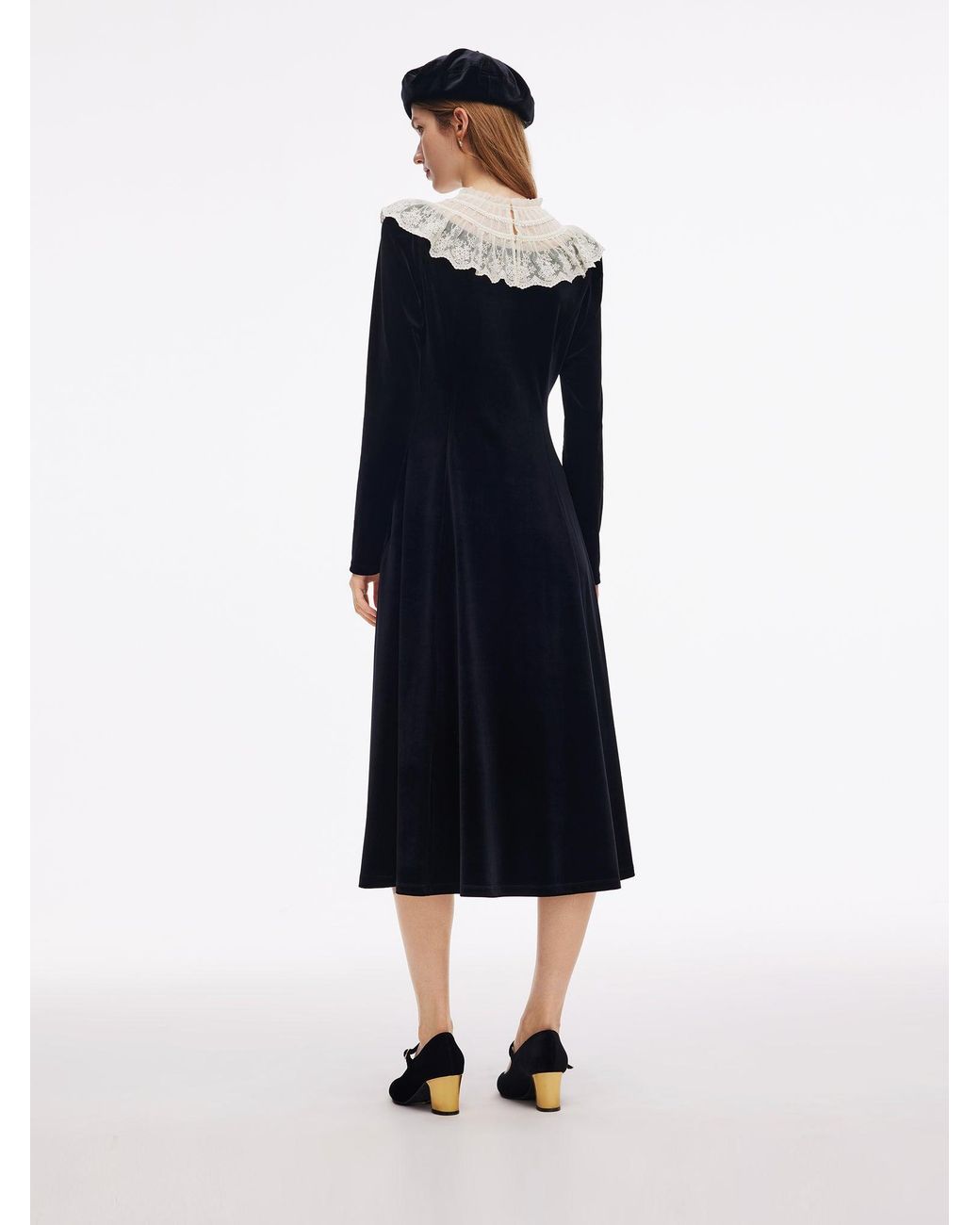 GOELIA Velvet Sheer Lace Collar Midi Dress With Beret in Blue | Lyst
