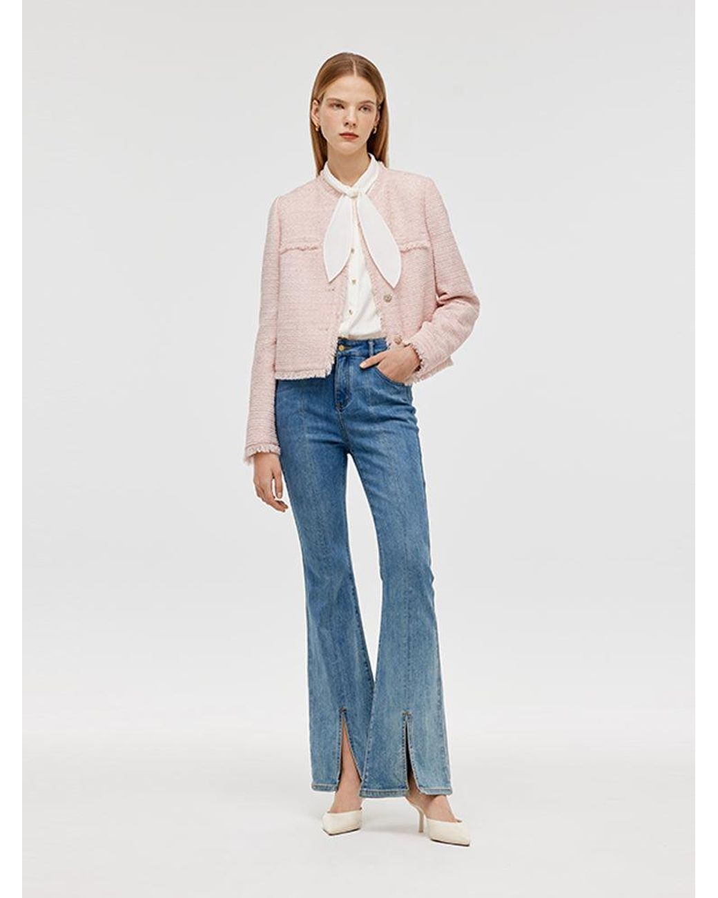 GOELIA White Tweed Collarless Crop Jacket