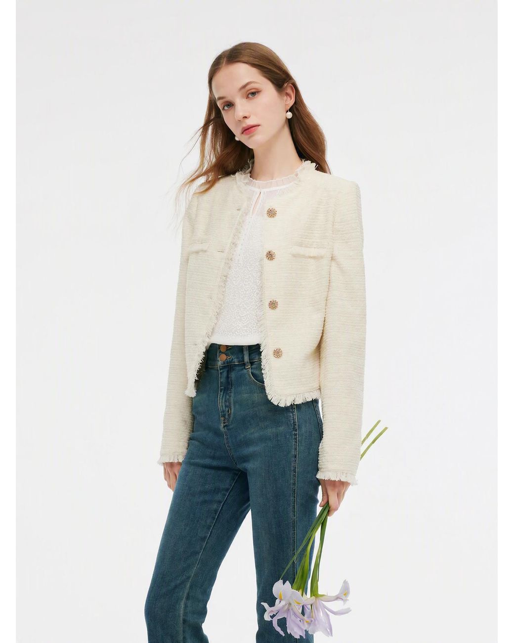 GOELIA White Tweed Collarless Crop Jacket