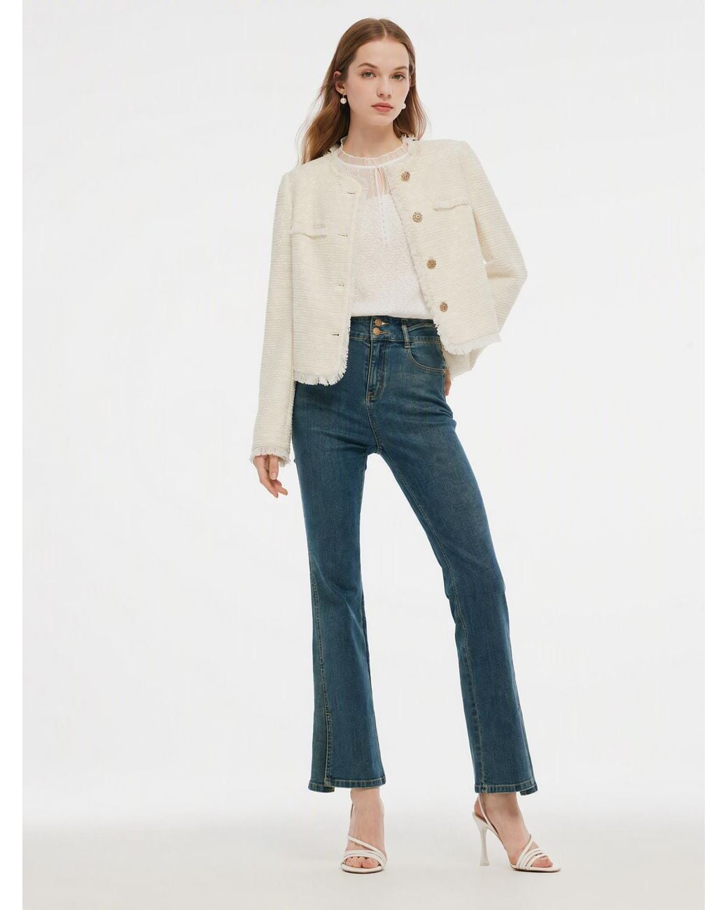 GOELIA White Tweed Collarless Crop Jacket