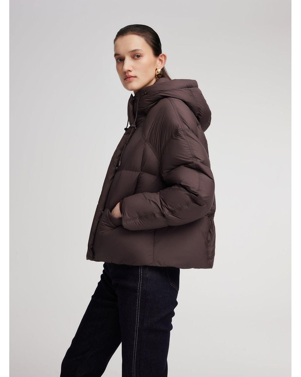 GOELIA White Lightweight Drawstring Hem Hooded Goose Down Jacket