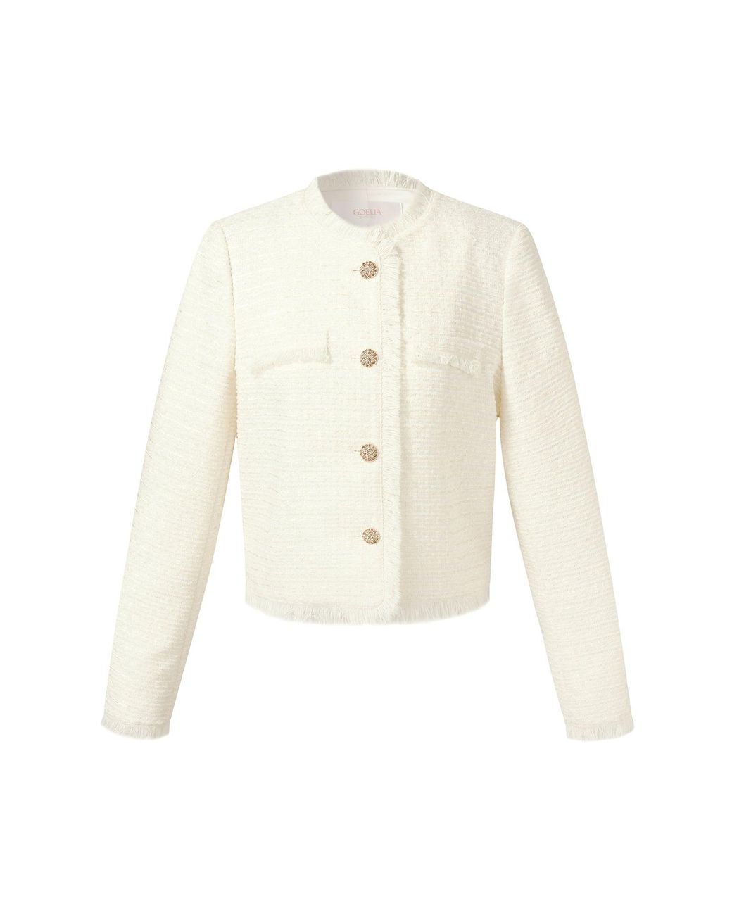 GOELIA White Tweed Collarless Crop Jacket