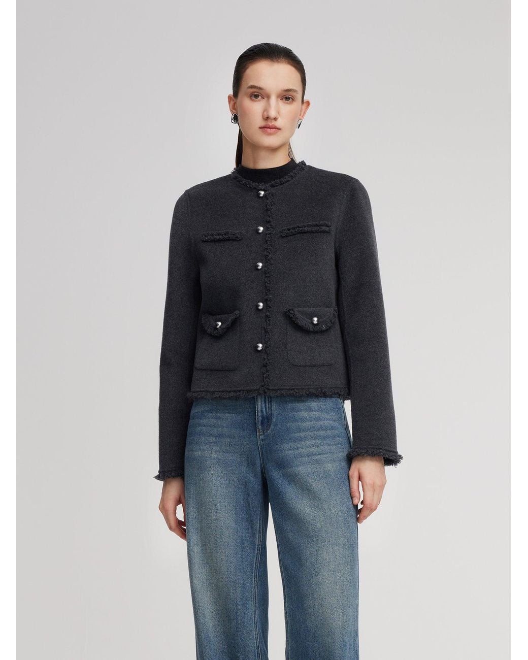 GOELIA Blue 100% Wool Frayed Edge Jacket