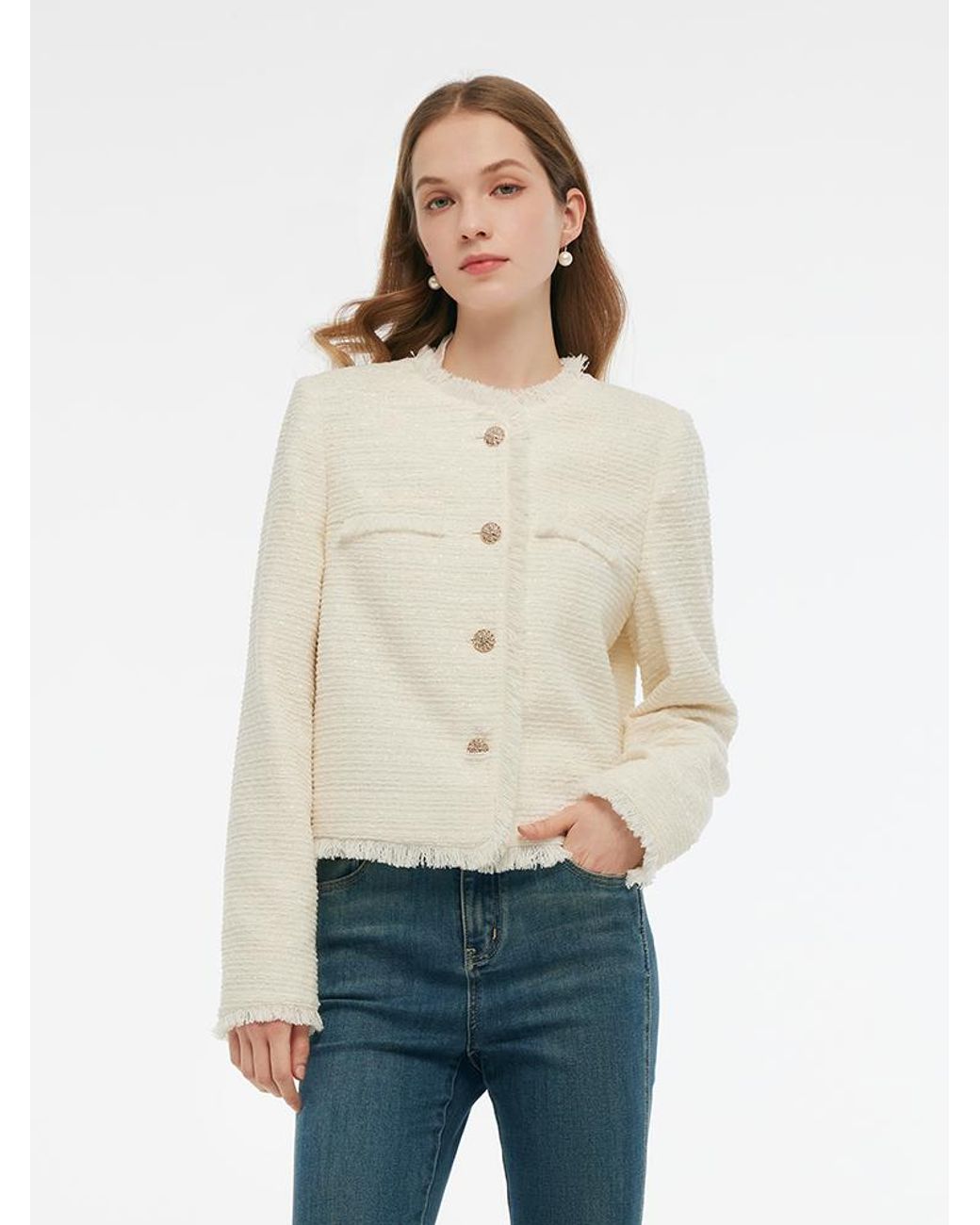 GOELIA White Tweed Collarless Crop Jacket