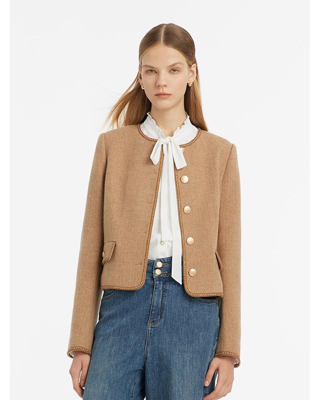 GOELIA Blue Washable Wool Round Neck Single-Breasted Jacket