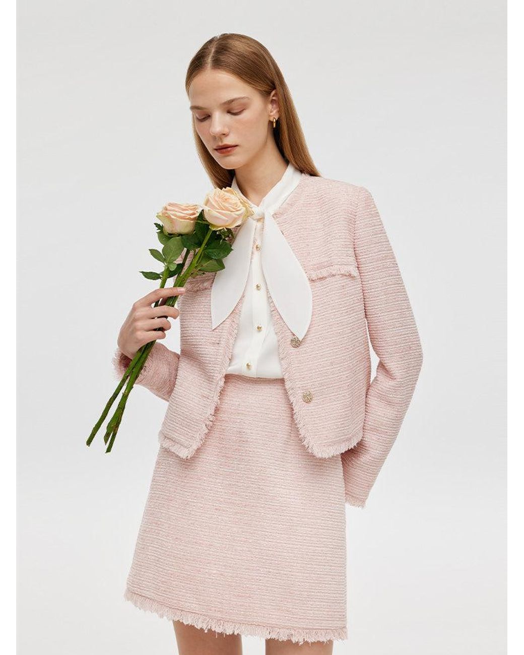 GOELIA White Tweed Collarless Crop Jacket