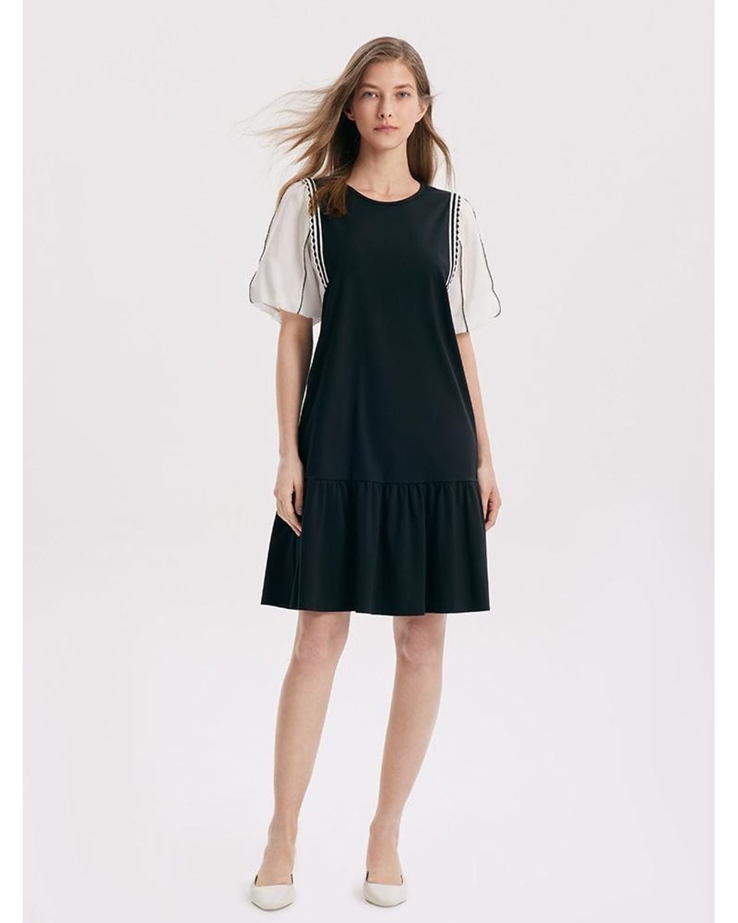 GOELIA Blue A-Shape Patchwork Puff Sleeve Mini Dress
