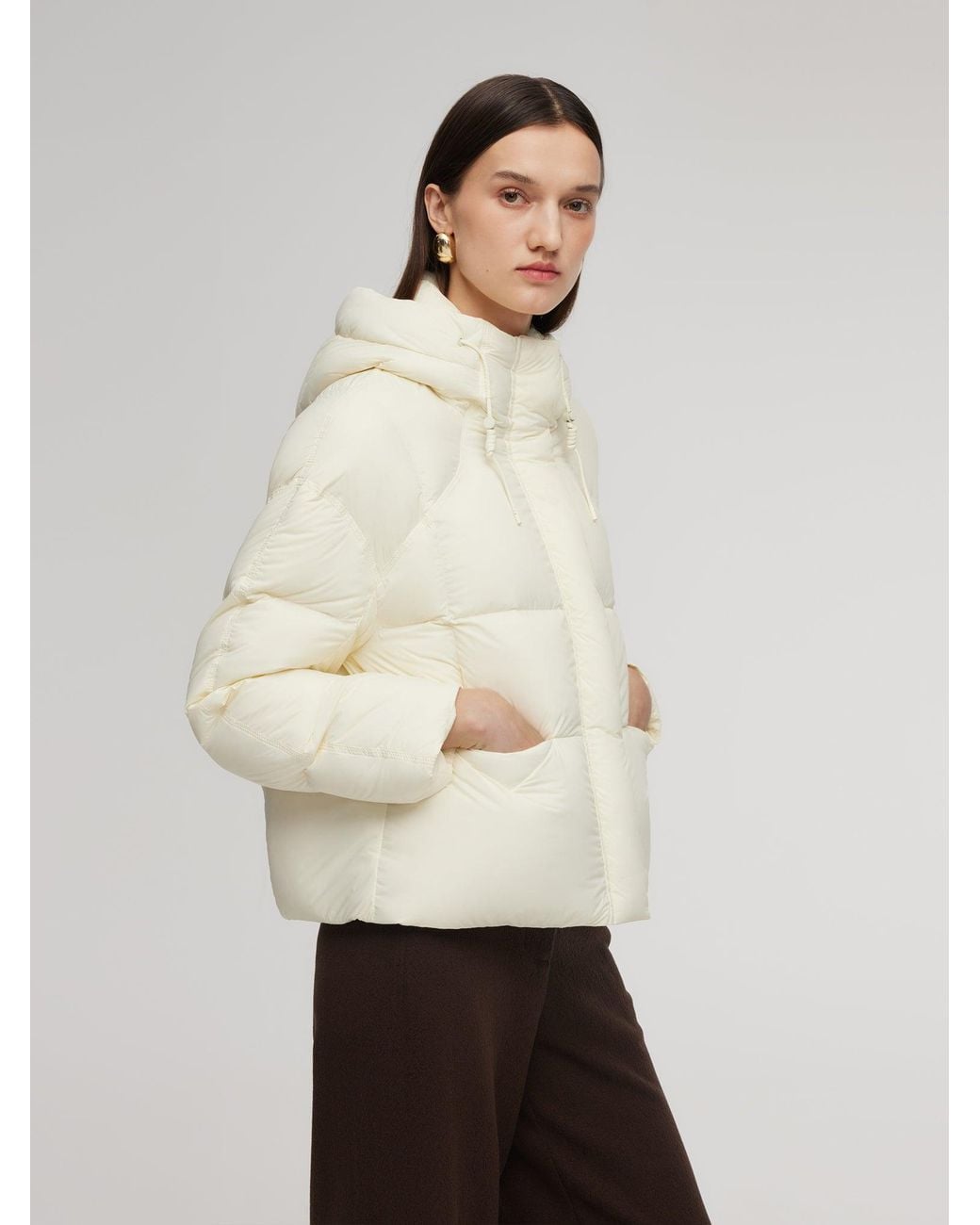 GOELIA White Lightweight Drawstring Hem Hooded Goose Down Jacket
