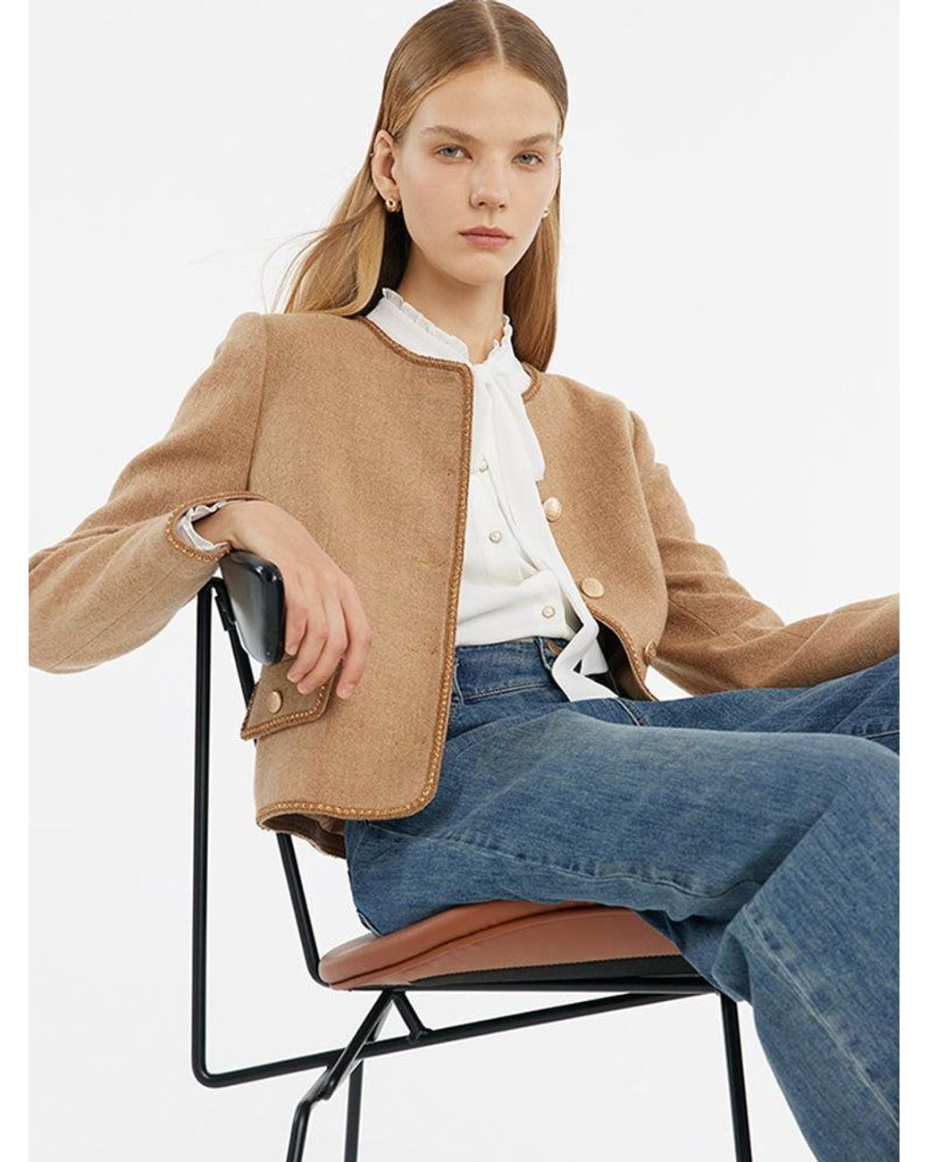 GOELIA Blue Washable Wool Round Neck Single-Breasted Jacket