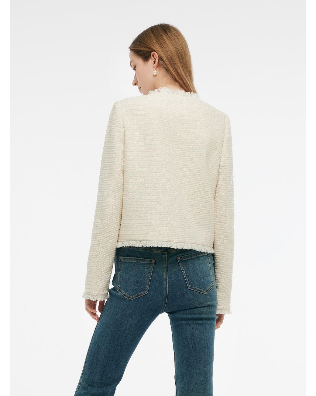 GOELIA White Tweed Collarless Crop Jacket