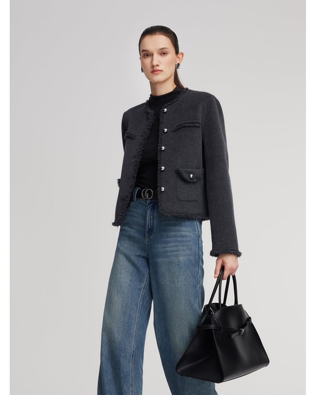 GOELIA Blue 100% Wool Frayed Edge Jacket