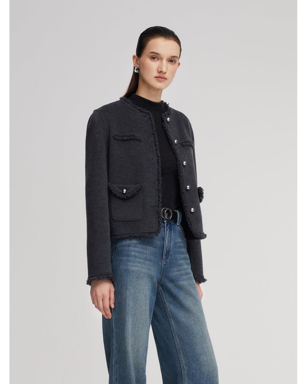 GOELIA Blue 100% Wool Frayed Edge Jacket
