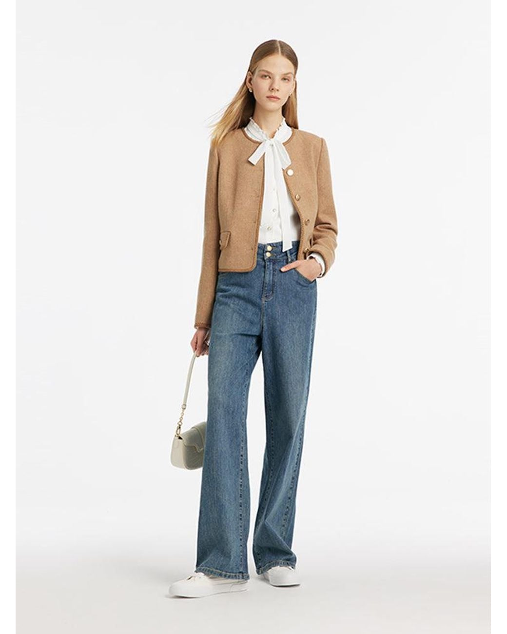 GOELIA Blue Washable Wool Round Neck Single-Breasted Jacket