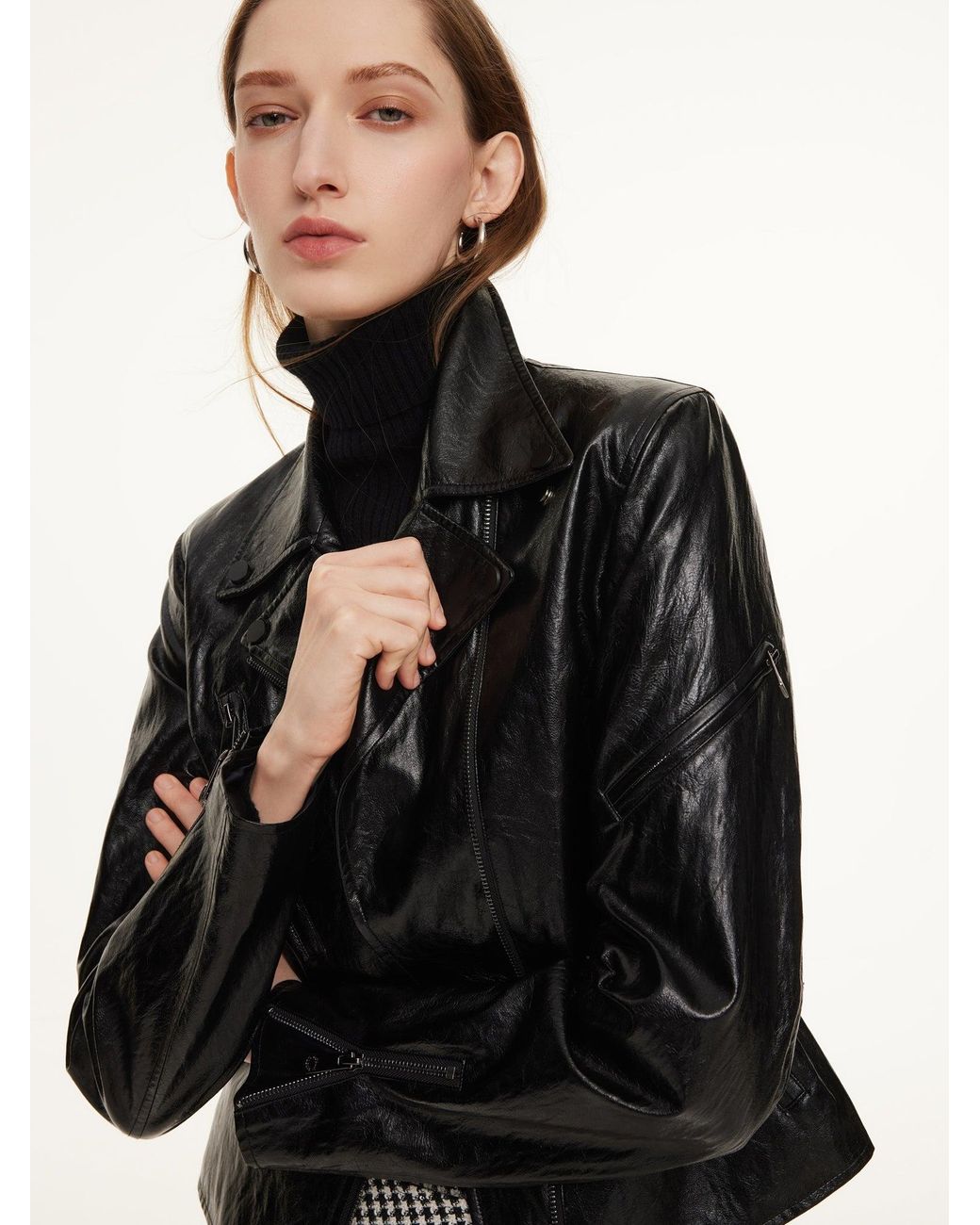 GOELIA Black Pu Leather Adjustable Waist Jacket