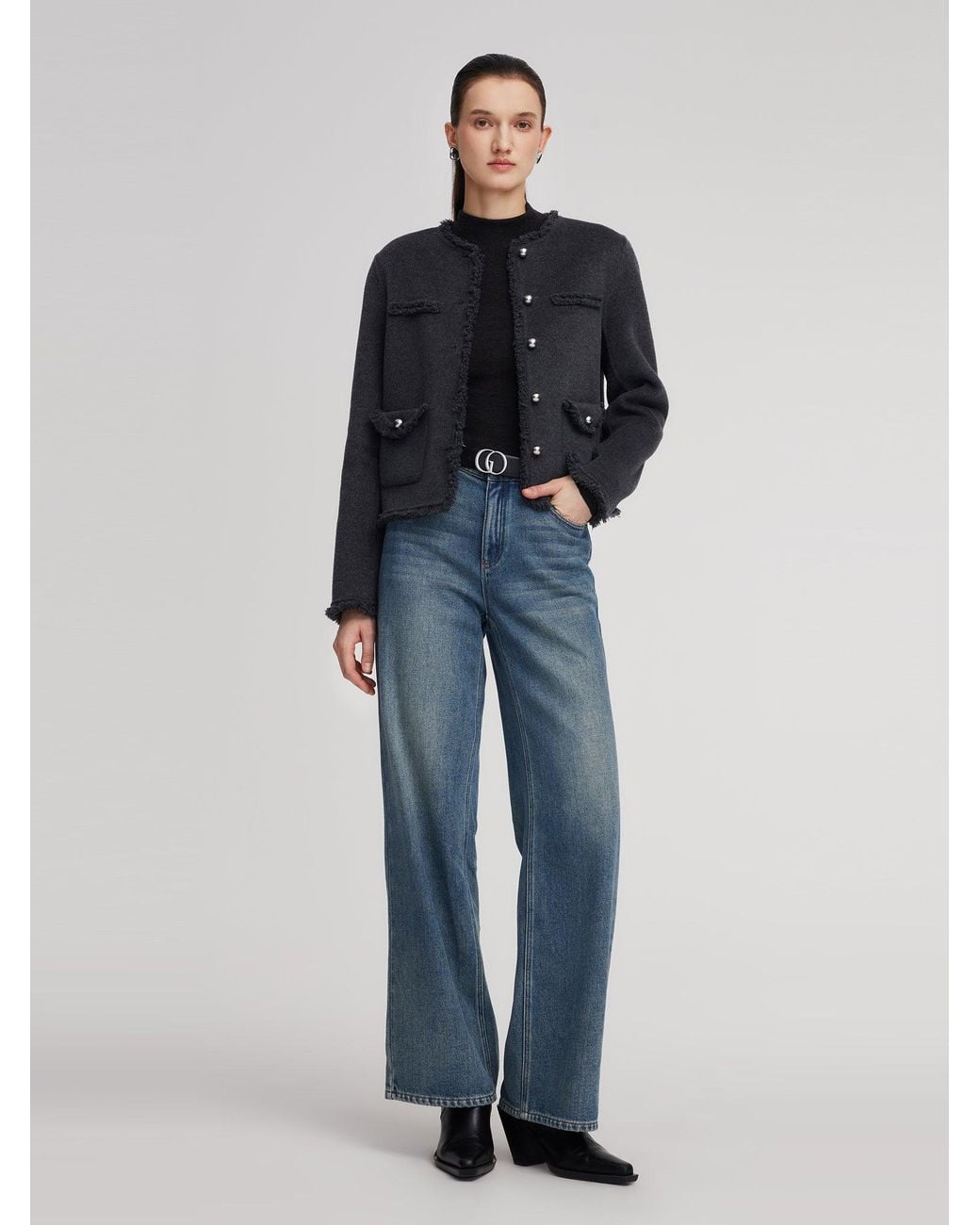 GOELIA Blue 100% Wool Frayed Edge Jacket