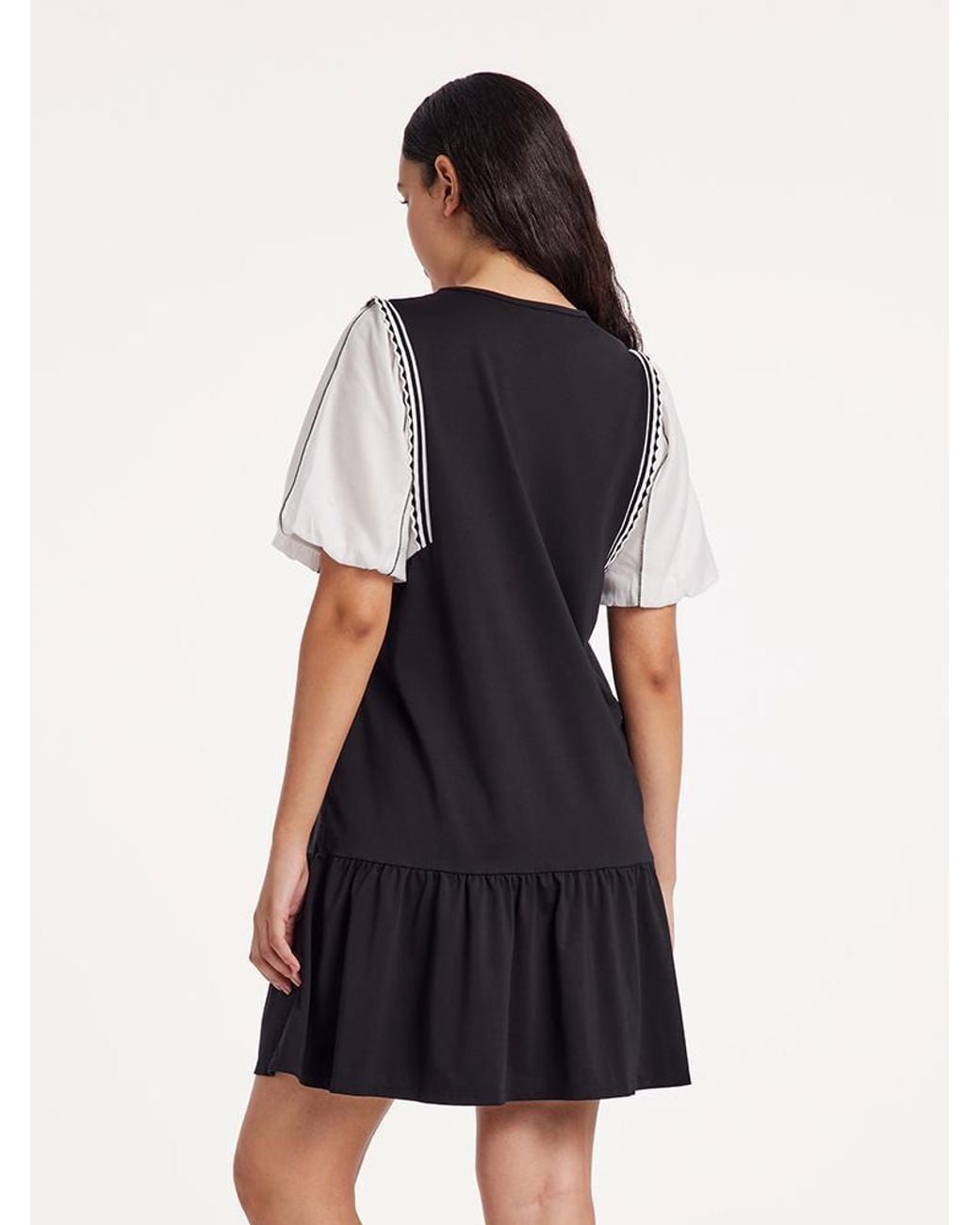 GOELIA Blue A-Shape Patchwork Puff Sleeve Mini Dress