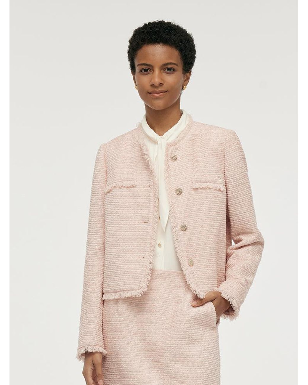 GOELIA White Tweed Collarless Crop Jacket