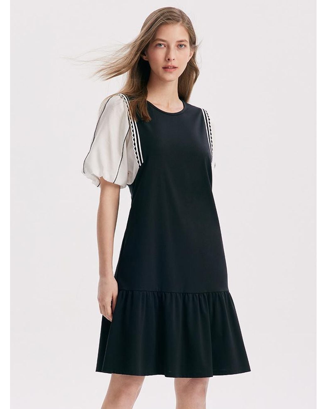 GOELIA Blue A-Shape Patchwork Puff Sleeve Mini Dress
