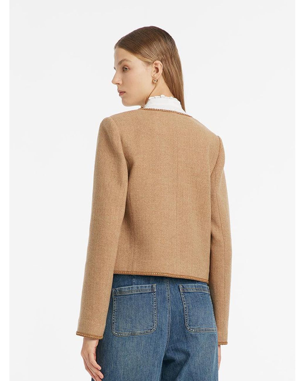 GOELIA Blue Washable Wool Round Neck Single-Breasted Jacket